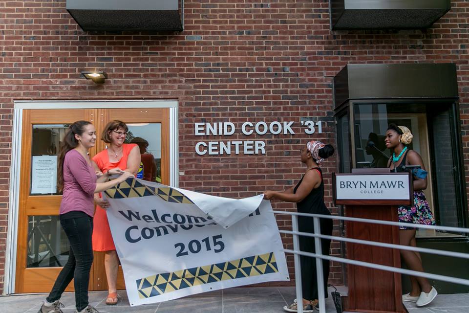 President Cassidy and students Grace Pusey, Khadijah Seay, and Danielle Cadet at the Cook Center dedication, August 31, 2015. Photo credit: Bryn Mawr College Communications.